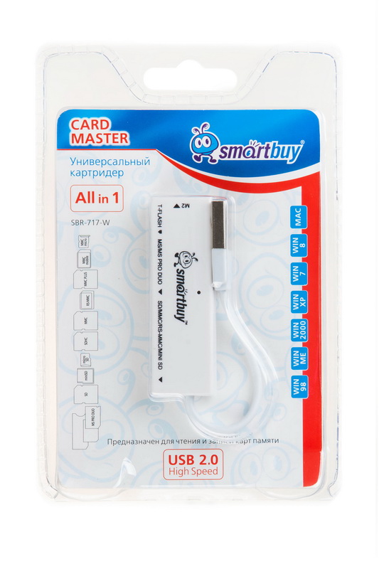 Картридер Smartbuy 717, USB 2.0 - SD/microSD/MS/M2, белый